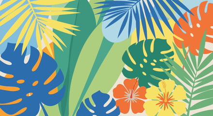 Vibrant tropical leaf and flower illustration. © Dlomiro
