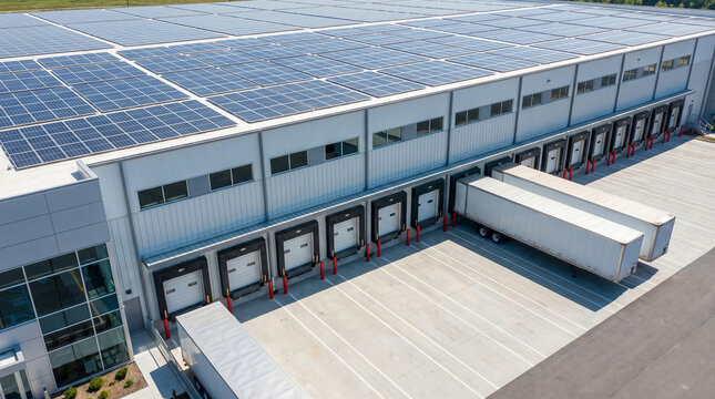 Aerial view of a large industrial warehouse with solar panels on the roof and trucks parked outside loading docks in a logistics facility.