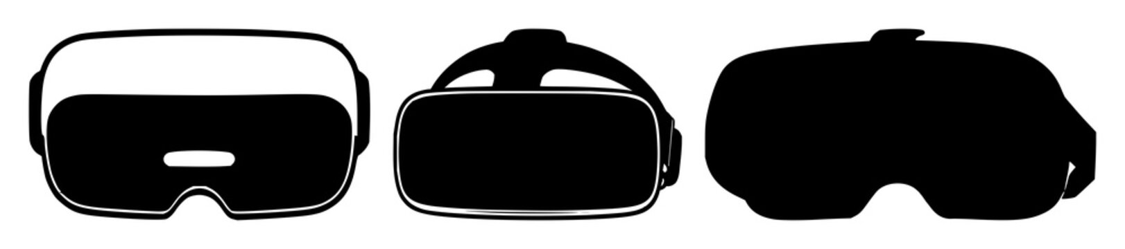 VR headset set with solid black icon on white background featuring technology, gaming, immersive experience with digital devices and virtual reality