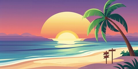 Obraz premium Minimal Beach Sunset with Palm & Direction Arrows