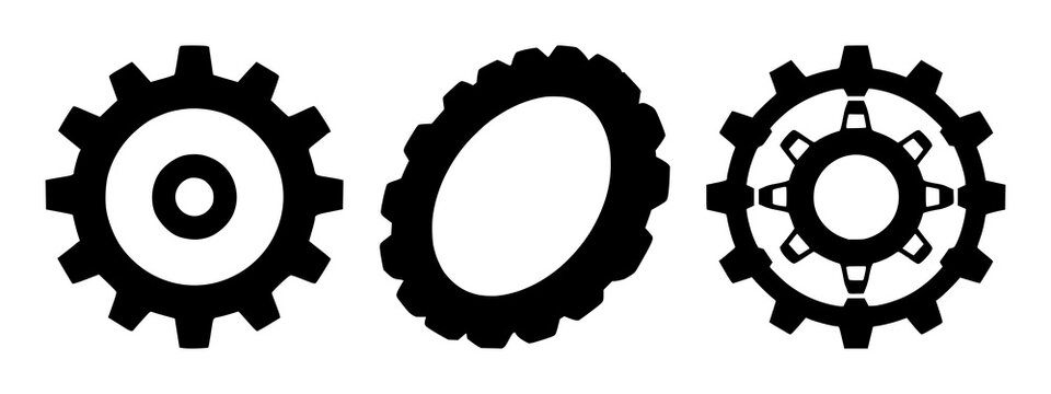 Gear wheel icon set with solid black silhouette on white background featuring gear, mechanical, settings symbol with minimalist and vector design