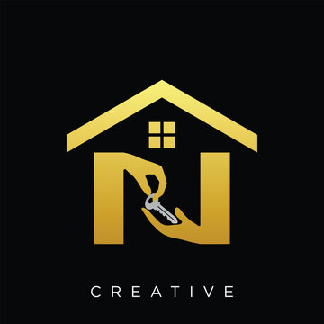 A modern n home logo  minimalist  gold-style logo featuring key and hand luxury