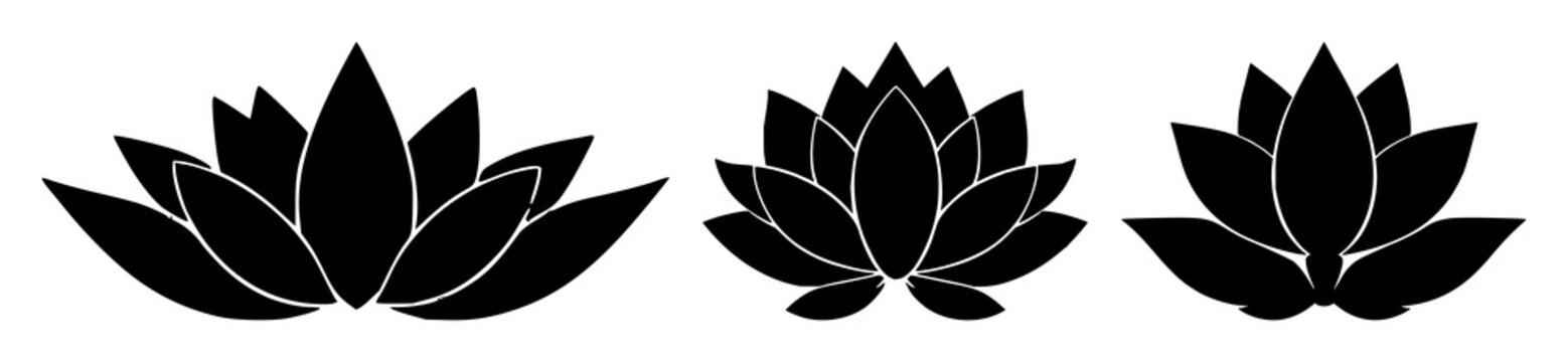 Mindfulness meditation lotus flower icon set with solid black color and white background featuring yoga, spirituality, tranquility with zen and harmony