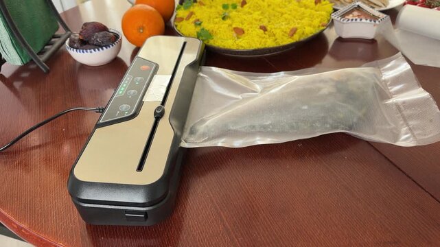 A person uses a vacuum sealer machine to preserve a frozen fish. The fish is placed in a plastic bag and sealed for freshness, sous vide cooking, or long term storage in a home kitchen setting