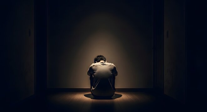A lone figure sits hunched in a dark, confined space, spotlighted from above, expressing profound despair.