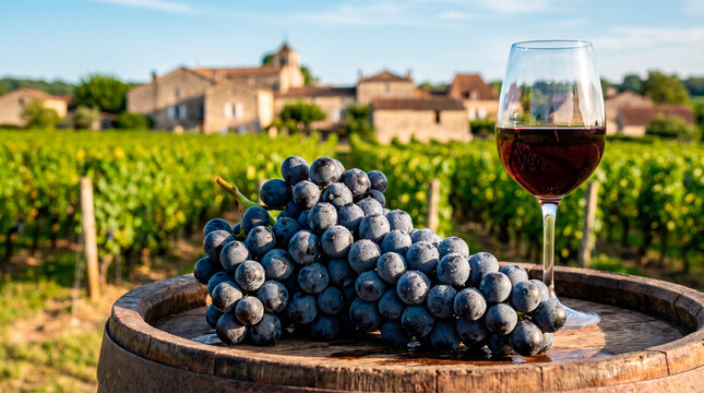 Verre de vin rouge et vignes en France sous le soleil de printemps.