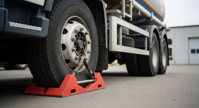 Close up of a parked truck's wheels with safety chock in place