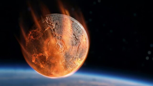 Space capsule entering Earth atmosphere. Spaceship heat shield glowing during atmospheric reentry. Aerospace technology and orbital space flight exploration concept.