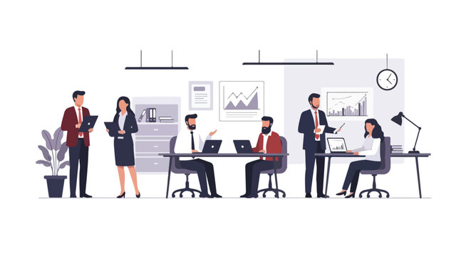This vector illustration depicts a collaborative group of diverse office professionals working together in a modern, organized workspace environment.