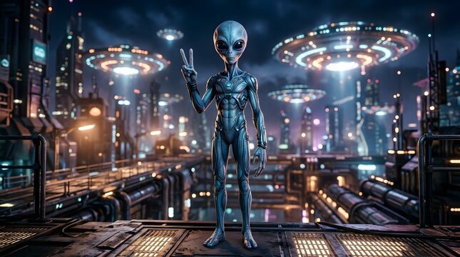 Futuristic alien standing in advanced city with UFOs above neon skyline representing extraterrestrial technology invasion and sci fi concept