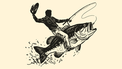Fototapeta premium Cowboy riding giant bass fish like a rodeo bronco for extreme fishing adventure