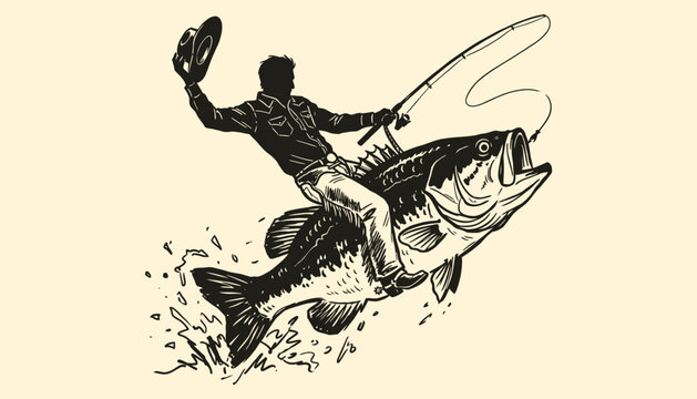 Cowboy riding giant bass fish like a rodeo bronco for extreme fishing adventure