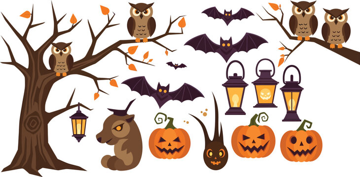 A whimsical assortment of Halloween clip art features spooky trees, owls, bats, pumpkins, and lanterns on a white canvas.