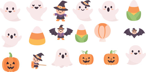 Fototapeta premium A cheerful arrangement of Halloween elements featuring cute ghosts, witches, candy corn, and pumpkins on a white backdrop.