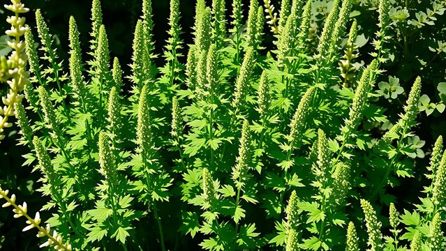 lovage. A cluster of tall, vibrant green lovage plants thriving in a cottage garden. gardening catalogs, home-decor guides, designed for home decor and floral branding, used by researchers.