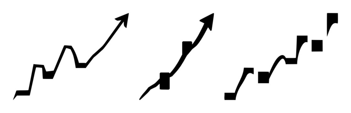 Stock candlestick chart icon set with upward trend silhouette against white backdrop featuring finance, trading, markets with line art and minimalist design