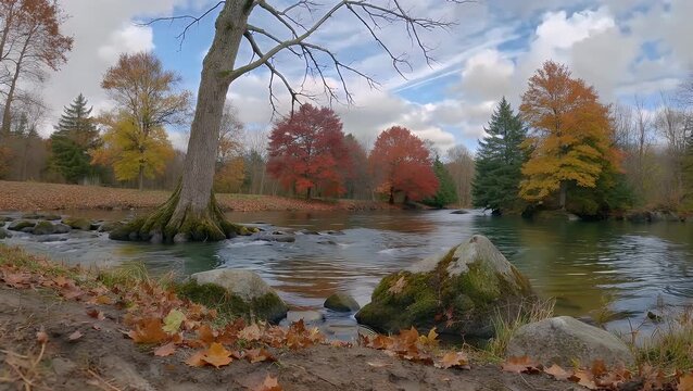 An extensive scenic landscape photograph capturing the autumnal season along the banks of a waterway named for its earthen material deposits