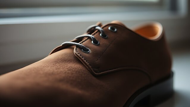 nubuck. Close-up of a single brown nubuck leather shoe with soft texture. lifestyle magazines, social media lookbooks, designed for lifestyle magazines and social media content, drives engagement.