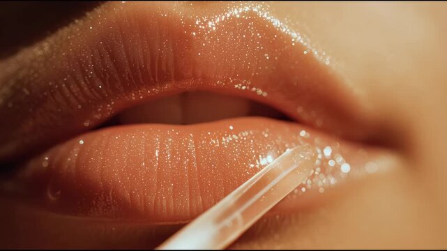 Closeup of a woman applying clear shimmering lip gloss to her lips enhancing their natural beauty and shine. 4k Footage Video