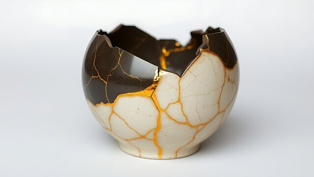 bennington. Shattered ceramic vase repaired with golden lacquer, kintsugi art on simple background. event programs, museum guides, designed for cultural heritage projects and event programs.