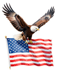 Naklejka premium Majestic bald eagle soaring over the American flag on black background