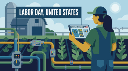 Fototapeta premium Labor Day United States Illustration with Female Farmer and Smart Tech