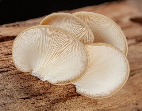 Cluster of White Oyster Mushrooms Growing from Weathered Wooden Log Showing Detailed Gill Structure in Natural Forest Setting