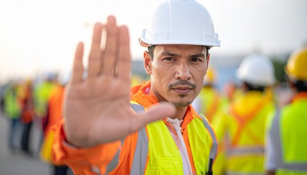 A construction worker holding out his hand, gesturing stop
