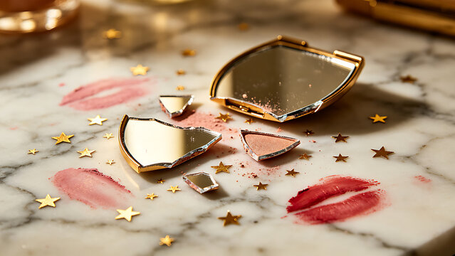 exemplification. Broken makeup mirror with scattered gold star stickers and lipstick marks on marble surface. lifestyle magazines.
