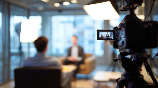Professional video interview setup in modern office environment with camera recording two business people. Bright studio lights illuminate the scene, creating a dynamic and engaging atmosphere