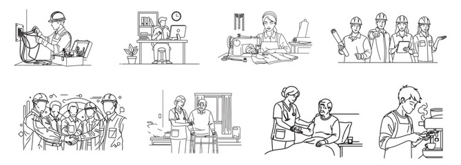 Fototapeta premium Collection of minimalist illustrations featuring people in various everyday activities and social settings on a white background. Conceptual sketch style.