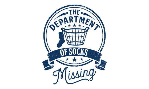 The department of socks missing - Distressed blue rubber stamp design with laundry basket and single sock icon