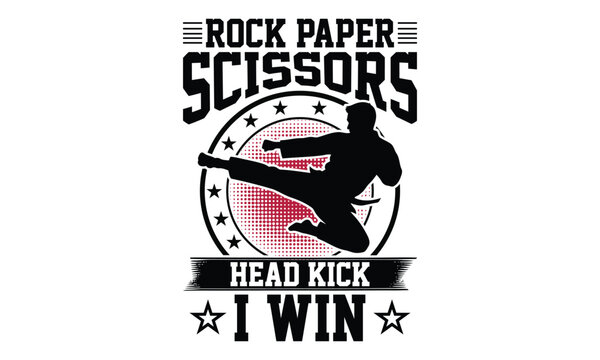 Rock paper scissors head kick - Martial arts silhouette with karate fighter and combat sports humor text