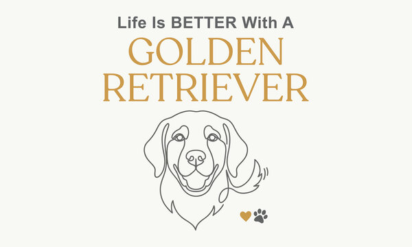 Life is better with a golden retriever - Line art dog portrait with paw print and heart icon