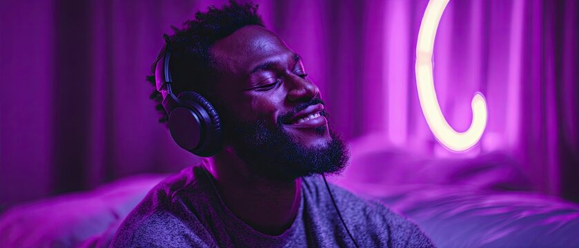 A man sits on a bed, listens to music on headphones, smiles with his eyes closed, and is illuminated by a purple neon light.