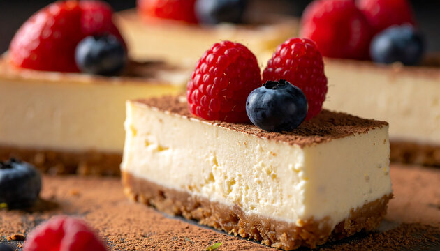 Creamy cheesecake bars, fresh strawberries raspberries and blueberries, cocoa powder dusting, sweet dessert and confectionery. Tasty treat.