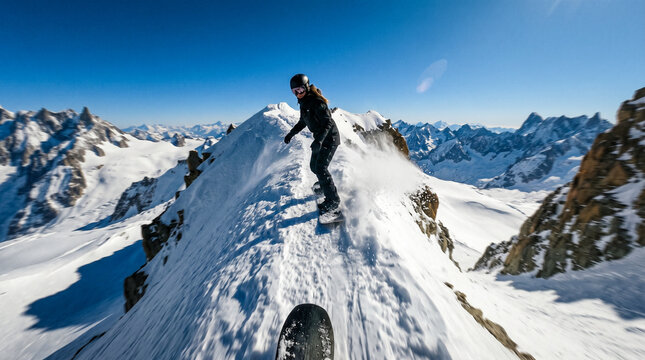 Snowboarder descendiendo cresta de monta&ntilde;a con vistas panor&aacute;micas de los Alpes nevados bajo cielo azul.