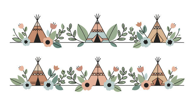 Colorful illustration of teepees and flowers.