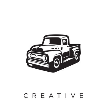 Vintage Pickup Truck black and white retro classic old truck vector illustration  isolated on white background