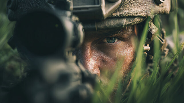 Stealthy Soldier Lying in Grass, Aiming Sniper Rifle at Target