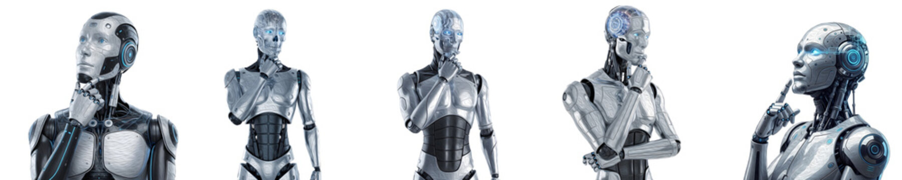 Futuristic Humanoid Robot Set Isolated on White Background. Advanced Silver Android Collection in Thinking and Action Poses for Artificial Intelligence and Sci-Fi Design.