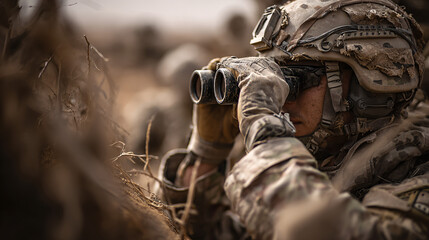 Fototapeta premium Soldier Using Binoculars to Scan Battlefield for Strategic Insights