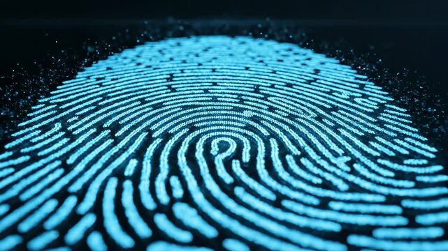 Glowing digital fingerprint on dark background with horizontal line scanning through its center