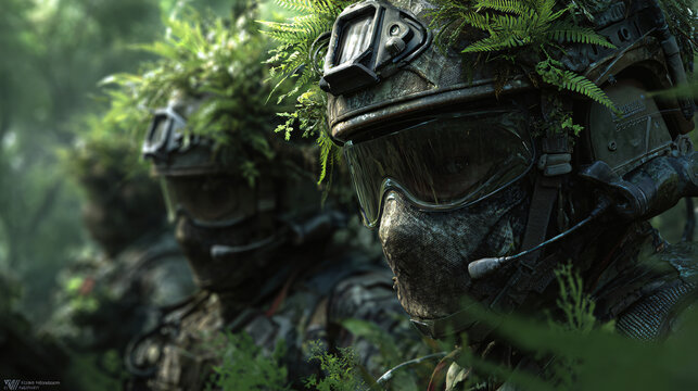 Soldiers in Camouflage Blend into Dense Greenery for Stealth Operation