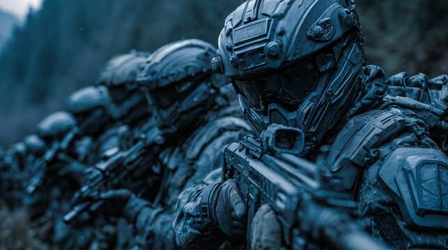 Futuristic Soldiers in Heavy Armor Ready for Conceptual War Scenario