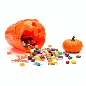 Spilled assorted candy with orange bucket and pumpkin on white.