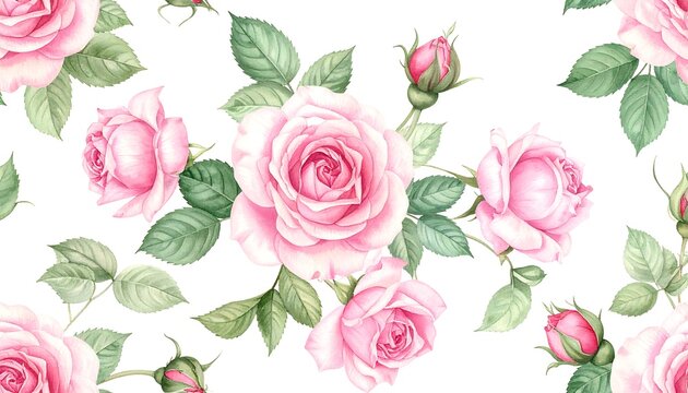 A seamless pattern of watercolor roses and buds in various stages of bloom, with green leaves on a white background
