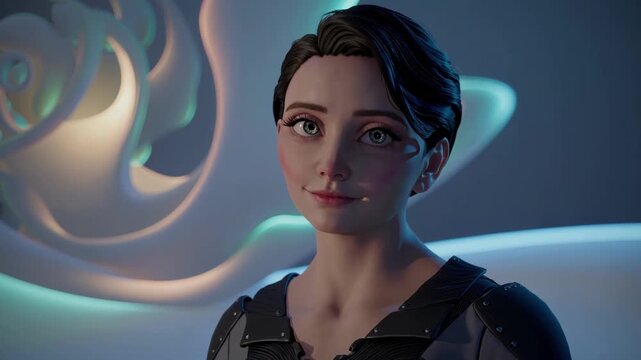 Confident Scientist In Sleek Black Futuristic Clothing. Dynamic Animated Female Engineer Showcased With Vibrant Neon Lighting And Sophisticated Futuristic Garments In Cinematic Style