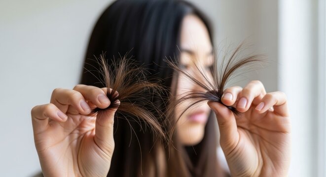 Person holding up split ends of hair, showcasing damage