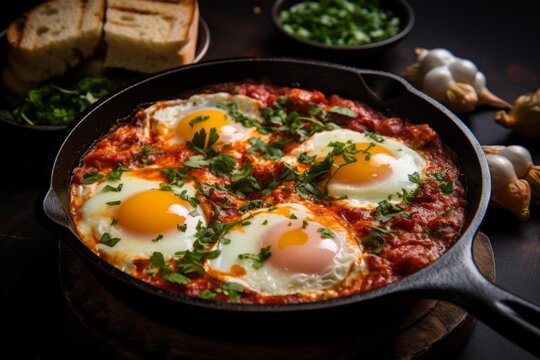 Shakshuka cooking in a skillet, garnished with fresh parsley, served with toasted bread